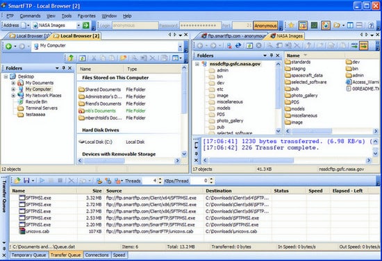 Giao diện phần mềm hiển thị 2 cửa sổ: Local site và Remote site